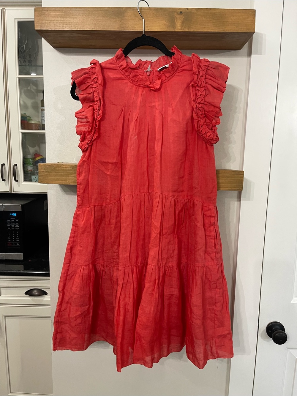 Sea New York Coral Red Ruffled Sleeve Tiered Dress